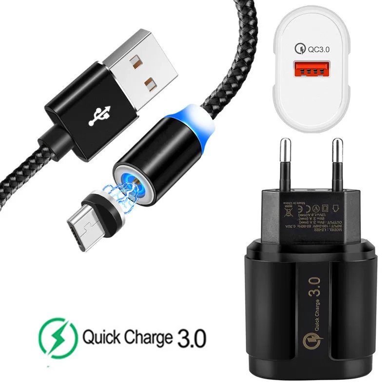 EU charger and cable Магнитный Магнит Micro USB кабель для samsung galaxy S4 S6 S7 Edge A10 J7 J8 htc One E9 LG G4 MOTO G3 E4 QC 3,0 быстрое зарядное устройство для телефона - Тип штекера: EU charger and cable
