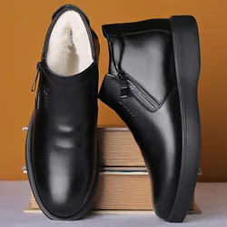 Bottines en cuir véritable avec fourrure pour homme, chaussures de travail, de neige, décontractées, à la mode, pour l'automne et l'hiver 