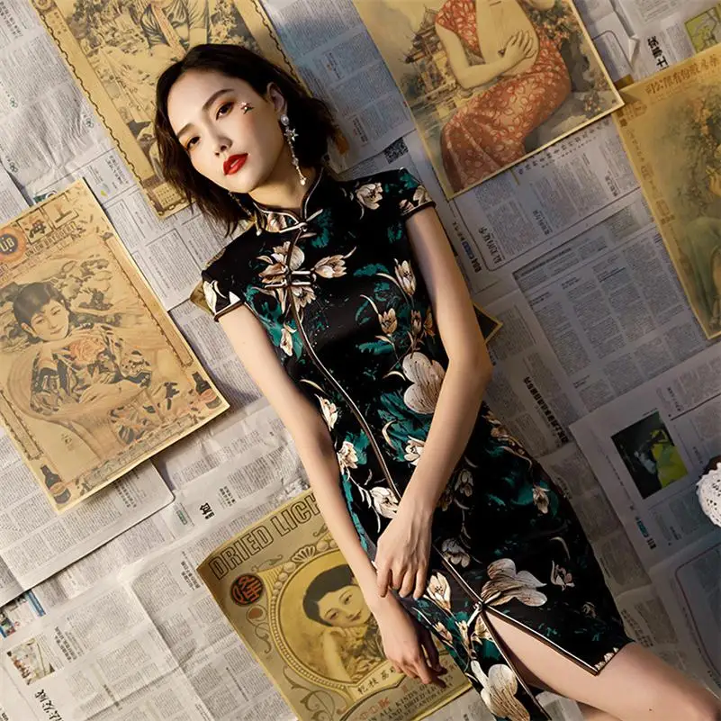 Hot Sale Ladies Print Satin Cheongsam Chinese Style Short Qipao Summer Formal Dress Novelty National Dress S-3XL