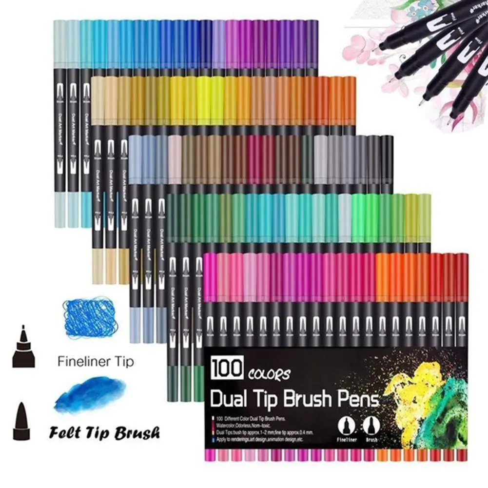 

60/100 Color Dual Brush Art Markers Pen Fine Tip for Bullet Journal Adult Coloring Books Calligraphy Lettering