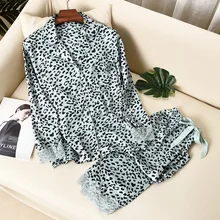 Leopard Print Women Pajama Set Ice Silk Soft Touch Long Sleeve Suit Pyjamas New 2021