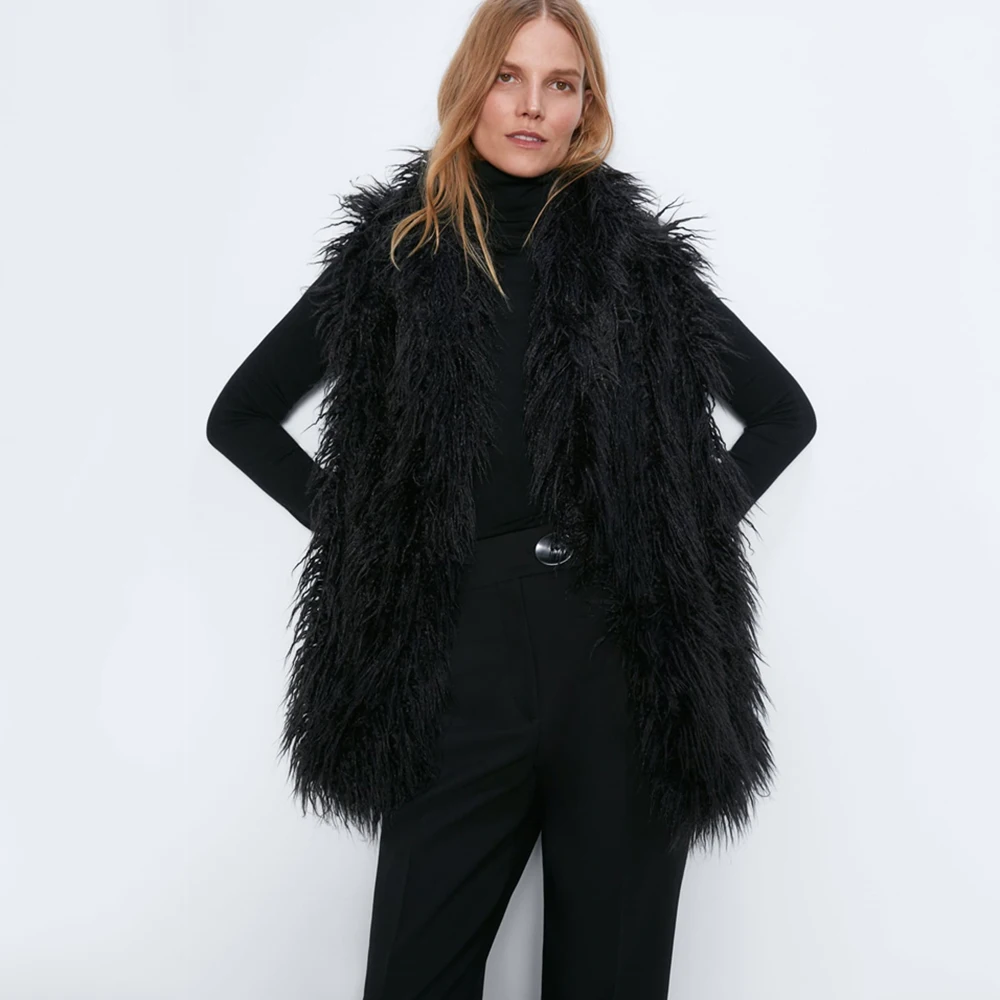 

2019 ZA New Women's Faux Fur Vest Coat Black Turn Collar Sleeveless Casual Loose Long Warm Autumn Winter Streetwear Jacket