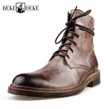 

British Winter Boots Men Vintage Lace-Up Genuine Leather Work Boots Ankle Shoes 2019 Luxury Handmade Black Brown Dress Booties