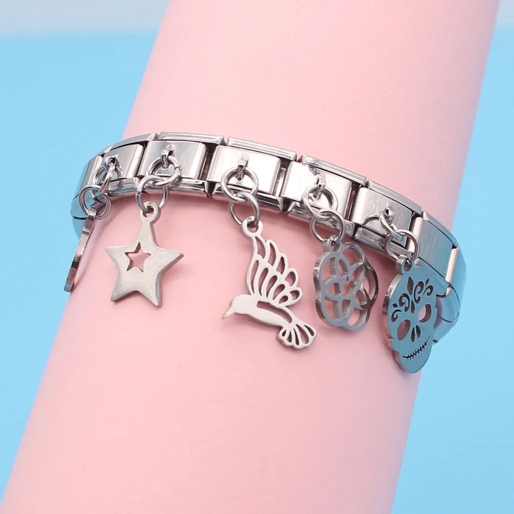 Браслет Hapiship 9 мм из нержавеющей стали с ромашками Sun Skull Birds Star Heart Italian Charm для