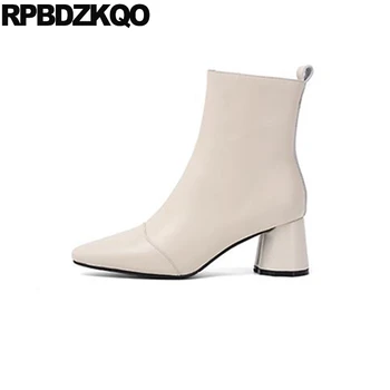 

fall chunky genuine leather designer autumn side zip boots short shoes high heel square toe ankle fur winter thick women 2019