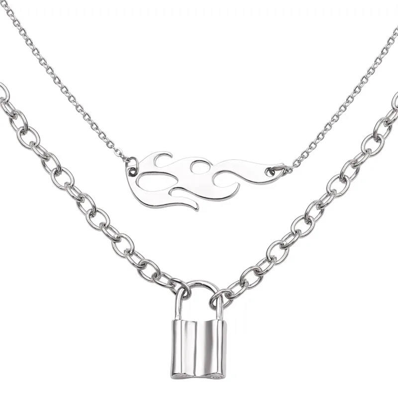 Harajuku Charm Double-deck Hip-hop Flame Atronach Lock Pendant Necklace Male Female Chokers Street Dance Chain Cool Punk Jewelry | Украшения