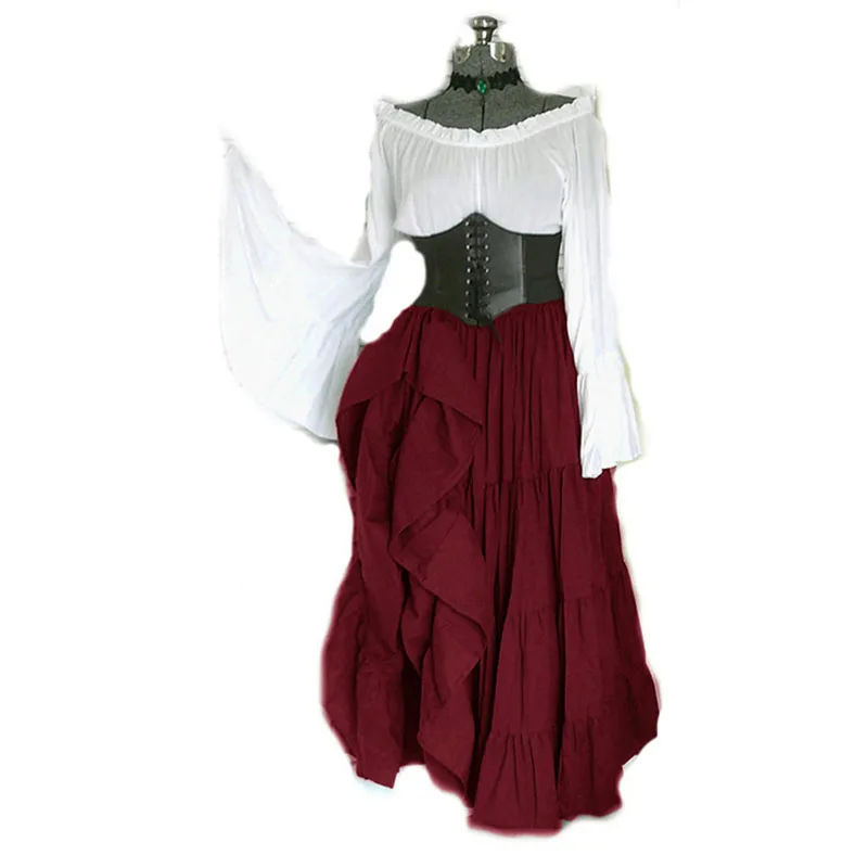 

Gothic Black Medieval Maxi Dress Women Vintage Retro Off Shoulder Horn Sleeve Irregular Dress Goth Waist Fold Dress