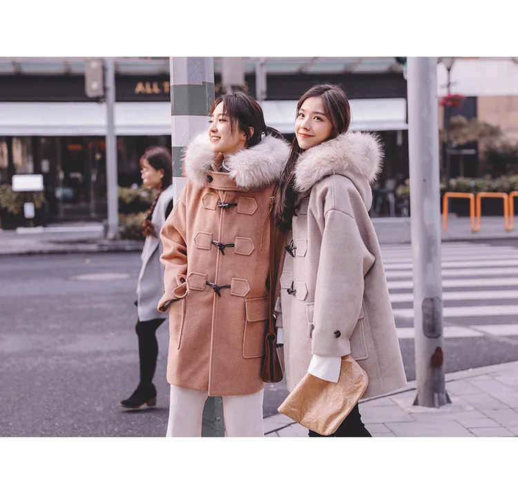 ACZ Toggle средней длины Duffle Coat 19 зимний Корейский стиль женский свободный крой с капюшоном Nagymaros воротник клип хлопок толстый шерстяной J