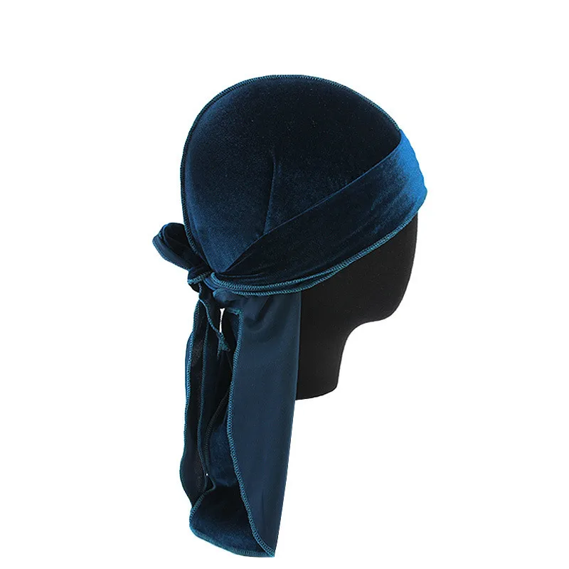 Unisex Velvet Durag Long Tail and Wide Straps Waves for Men Solid Wide Doo Rag Bonnet Cap Comfortable Sleeping Hat Wholesale blue skully hat Skullies & Beanies