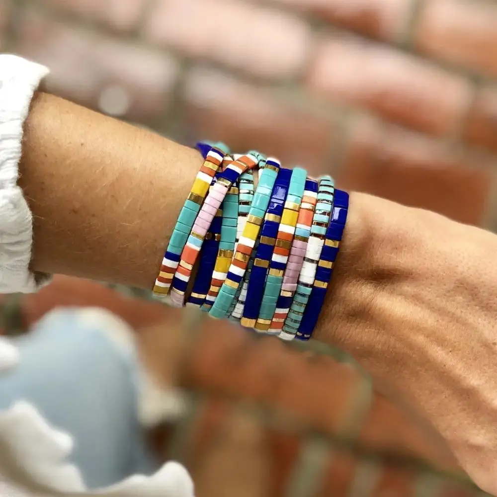 

Bohemian Design Glass Beads Adjustable Bracelets for Women Handmade Stackable String Tila Beads Bracelets Summer Beach Jewelry
