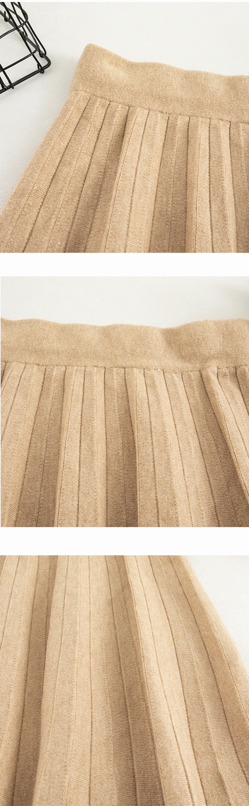 SINGRAIN Women Long Knitted Pleated Skirt Winter Warm High Waist Skirt Autumn Elastic Midi Long A-Line Stripe Knit Sweater Skirt