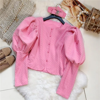 

2020 Spring New Blouse Women Short Shirt with Butterfly Collar Polka Dot Mesh Double-Layer Fabric Puff Sleeve Top Lady Crop Tops