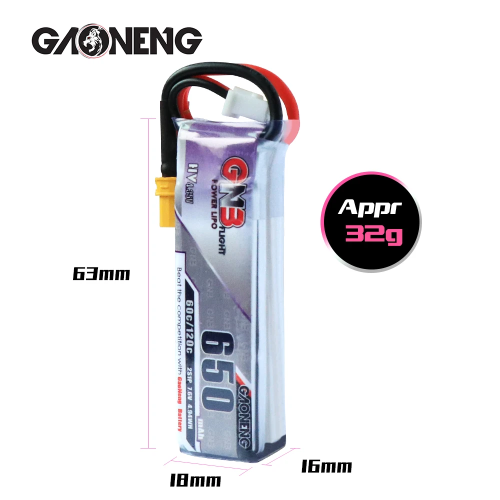 2 шт. аккумулятор Gaoneng GNB HV 650 мАч 60C 2S HV Lipo с разъемом JST XT30 для дрона Emax Tinyhawk Kingkong LDARC TINY Whoop BetaFPV