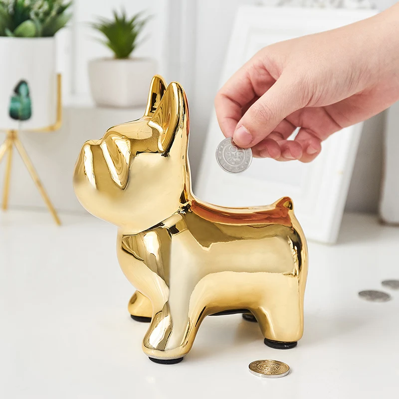 

Cute Dog Money Deposit BoxOrnament Ceramic Plating Simulation Bulldog Piggy Bank Family Coin Bank Decorative Bedroom Decoration