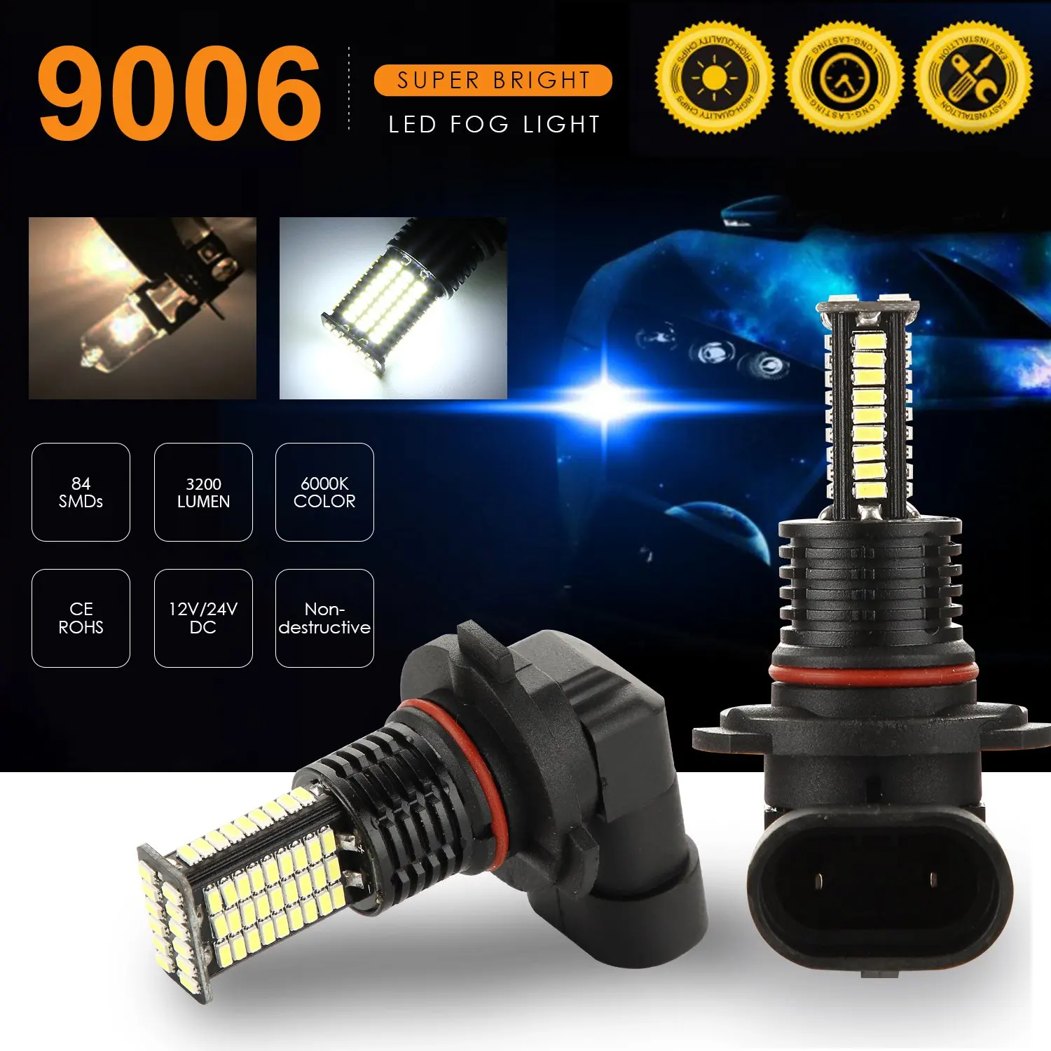 2 шт. 9006 светодиодный противотуманный светильник DRL 3200 люмен супер яркий 84-SMD 12 В 24 В 9006/HB4 светодиодный светильник Замена для автомобилей, грузовиков, 6000K