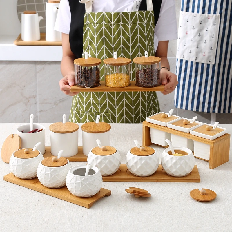Ceramic Condiment Storage Jar Kitchen Seasoning Tank Household Pot Bamboo Tray Spice Soy Sauce Box Salt Sugar Can | Дом и сад