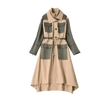 

European and American women's clothing 2019 winter new style Contrast color pocket Draw string fashion Long sleeve Trench coat