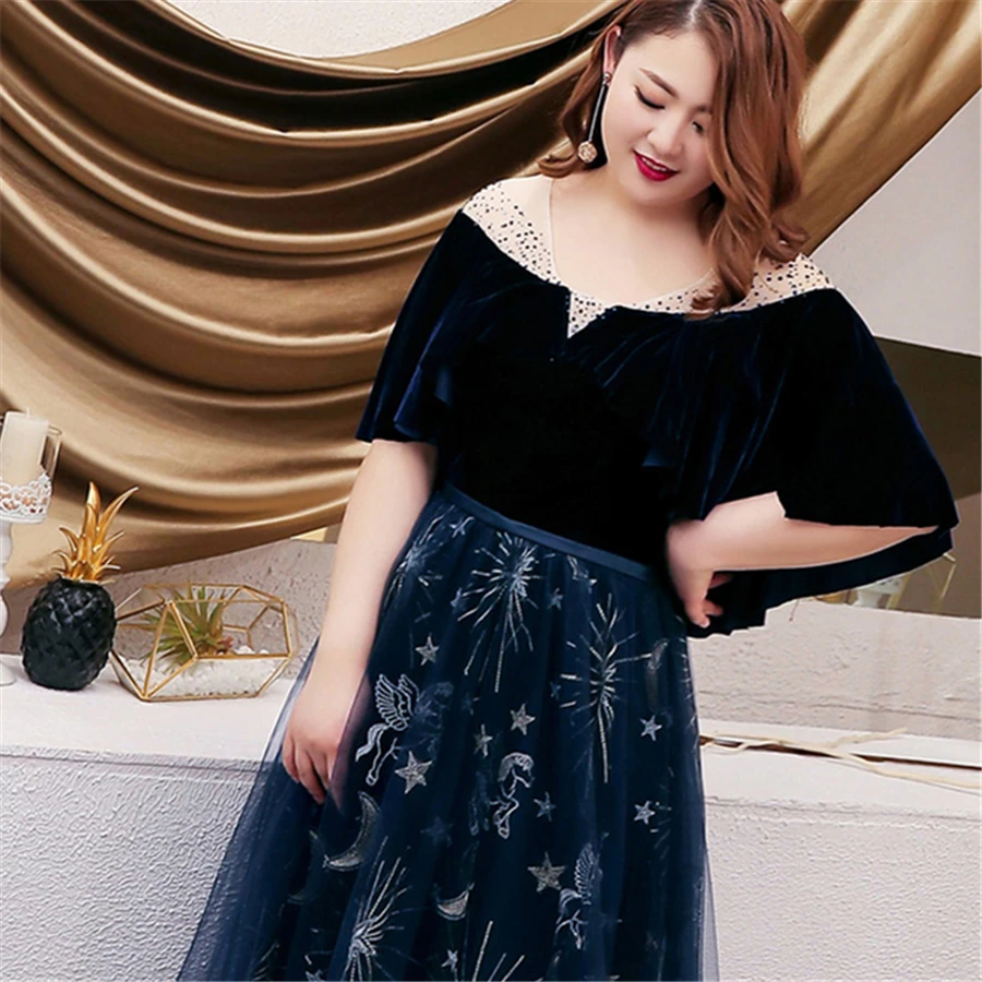 Вечерние платья Длинные темно-синие Robe De Soiree нового размера плюс с О-образным вырезом с коротким рукавом женские вечерние платья Формальное вечернее платье T095