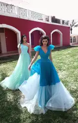 Синий и Белый Тюль Длинные арабское вечернее платье А-силуэта, сексуальное платье с v-образным воротом, пышное платье для выпускного 2020