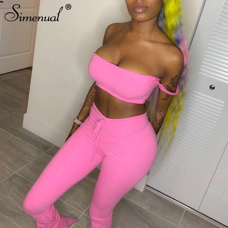 

Simenual Off Shoulder Sexy Bodycon Matching Sets Women Sleeveless Club Party Two Piece Outfits Bodycon Top And Stacked Pants Set