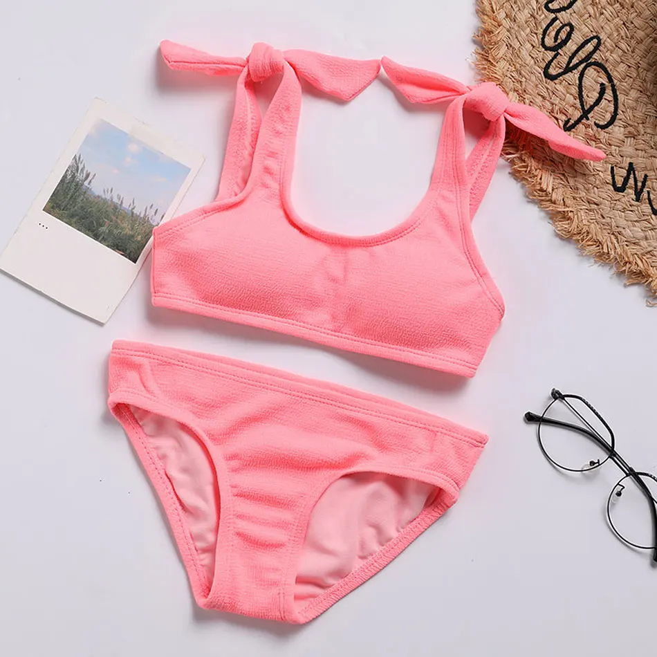 Bow Tie Girl Swimsuit Kids 7-14Years Bikini Set Solid Two Piece Children's Swimwear Padded Bathing Suit Beachwear 2021 | Спорт и