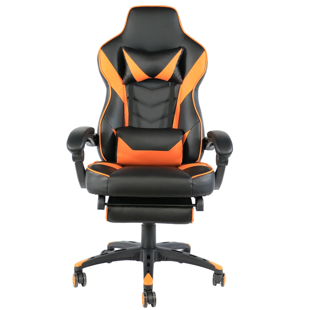 

Fashionable Office Swivel Chair C-Type Foldable Nylon Foot Racing Chair With Footrest Black & Orange High-Quality PU Leather