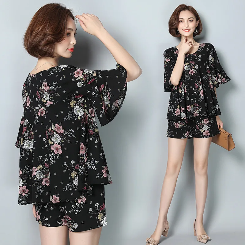 

2019 Summer New Style Korean-style Large Size Loose Short Sleeve Two-Piece Set Skirt-Style Printed Floral Dress Women's