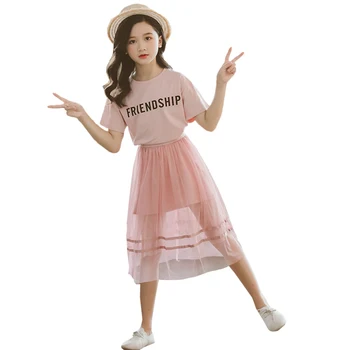 

Girls Clothes Skirt Suit Summer Letter Printing Short-sleeved T-shirt Short Dress 4-12 Y Child Quality Clothing 2019 Hot Sale