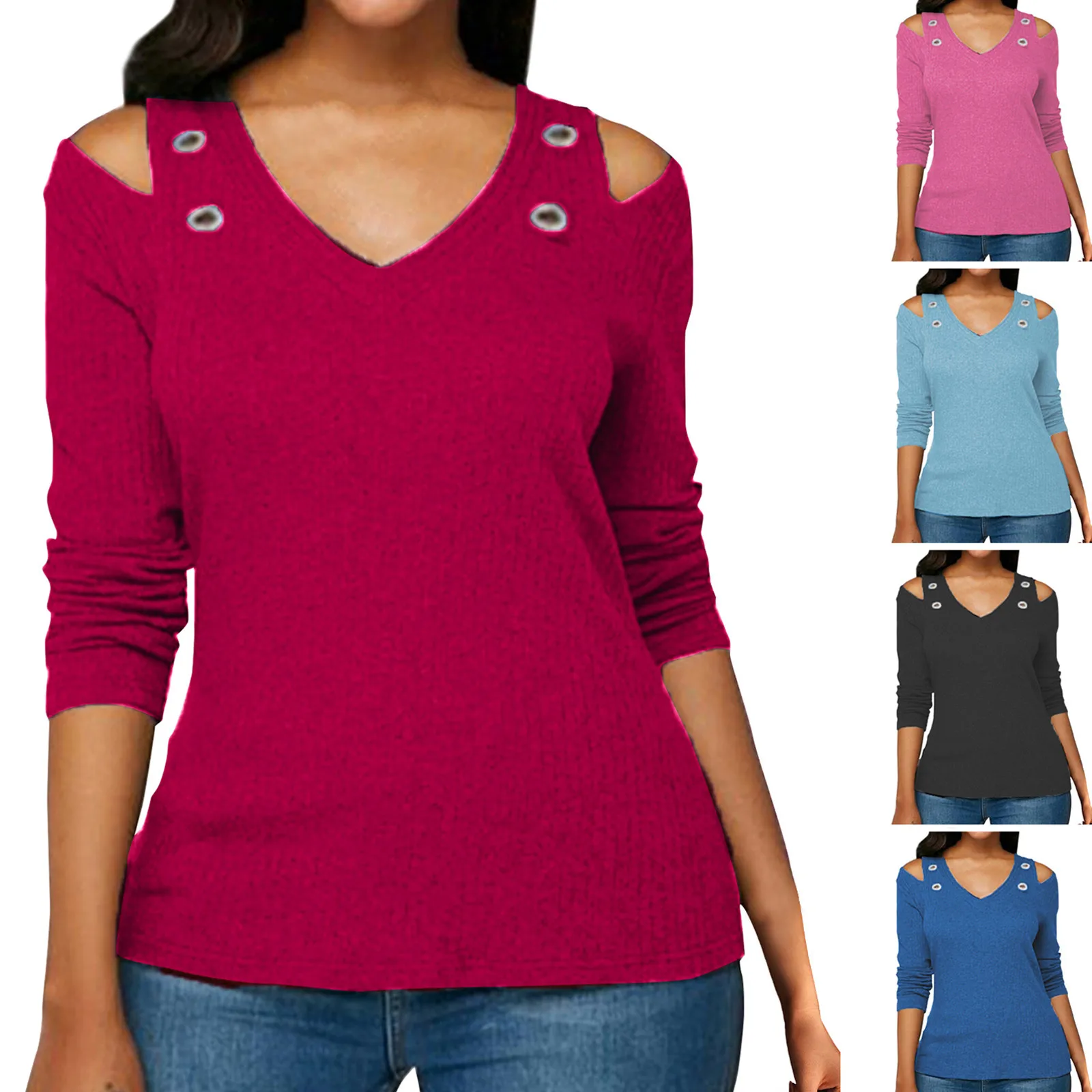 Camiseta de manga larga sin tirantes con cuello en V para mujer, Jersey informal de talla grande, sencillo, color sólido, 50x50