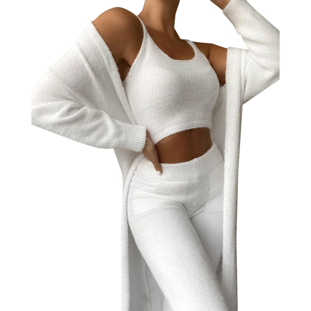 dressy pant suits to wear to a wedding Women Homewear Clothes 3 Pieces Set Solid Fleece Tank Top + Pant + Cardigan Female Women Robe  Pijamas Sets Sexy Set short suit set
