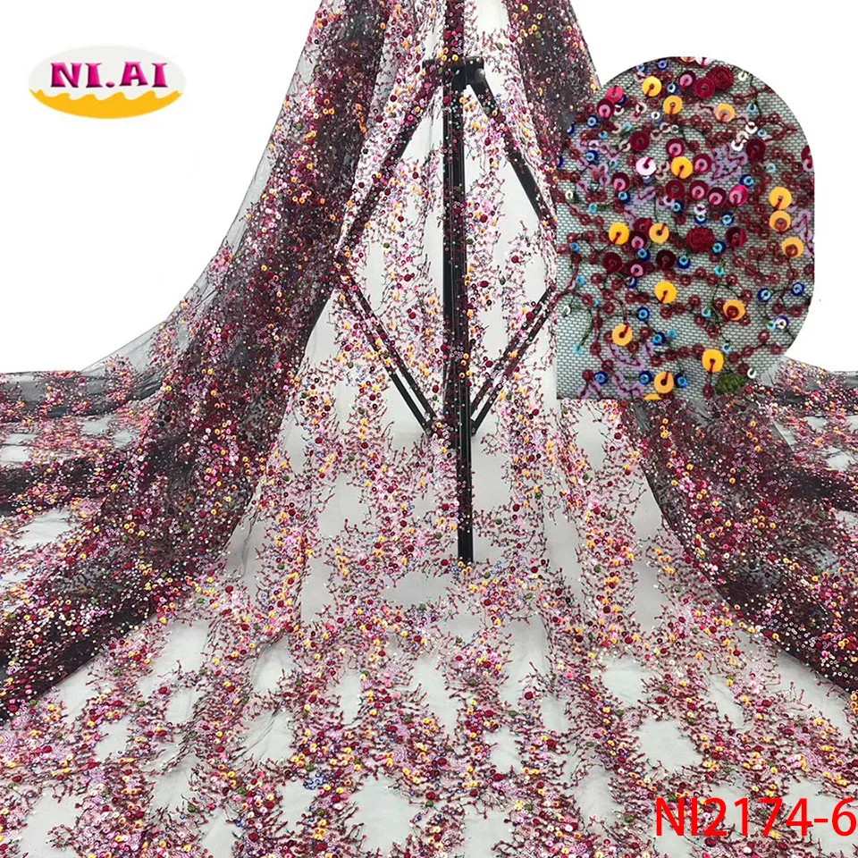 NIAI африканская чистая кружевная ткань высококачественные блестки нигерийская Свадебная лента ткани 5 ярдов французский кружевной тюлевый материал NI2174-6
