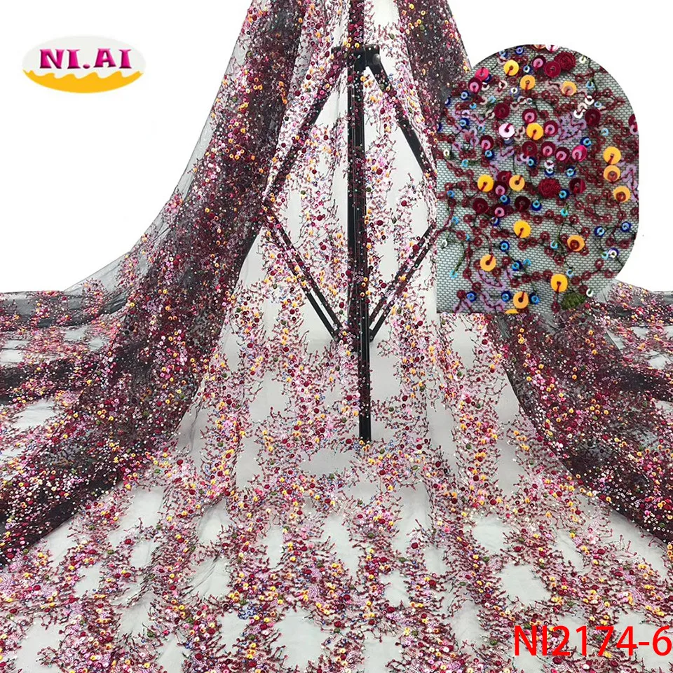 

NIAI 2019 African Net Lace Fabric High Quality Sequins Nigerian Wedding Lace Fabrics 5Yards French Tulle Lace Material NI2174-6