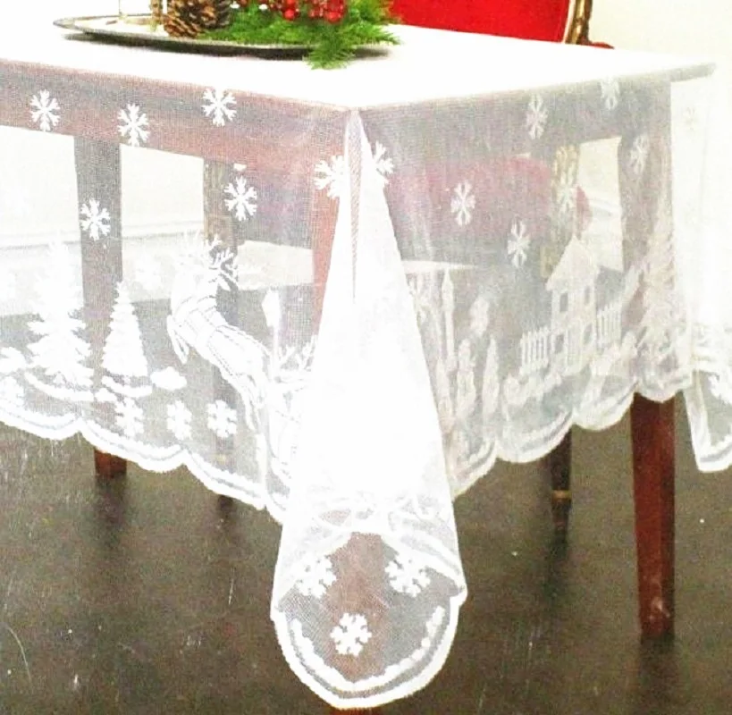 

1pcs White Christmas Lace Tablecloth Snowflake Elk Santa Claus Table Cloth Rectangle Table Cover For Home Kitchen Party Supply