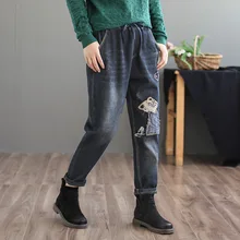 Зимние женские джинсы из плотного флиса, теплые свободные джинсовые штаны, новые женские винтажные брюки с эластичной резинкой на талии и вышивкой