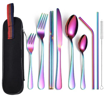 

9PCS/set Dinnerware Set Travel Camping Stainless steel Cutlery Set Reusable Goldrware with Knife Straw Spoon Fork Chopsticks