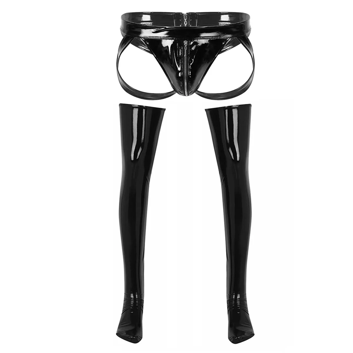 

Hot Eroxtic Mens Patent Leather Jockstrap Mens Crotchless Zipper Briefs Jock Strap Underwear with Thigh High Footed Stockings