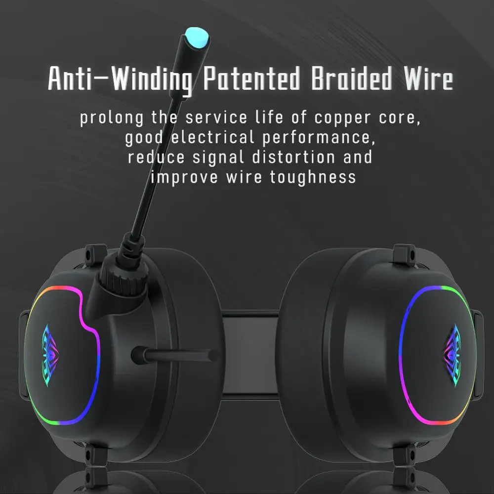 AULA F606 Wired Gaming Headset RGB Light Bass Stereo Surround Sound Lightweight Headset with Microphone for Laptop Tablet Gamer