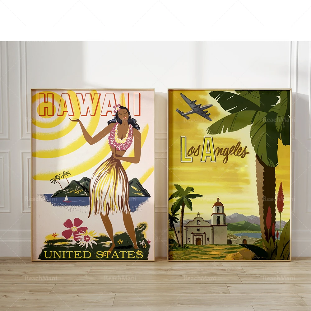 American Retro Travel Prints Los Angeles, Hawaii Beach Prints, Retro