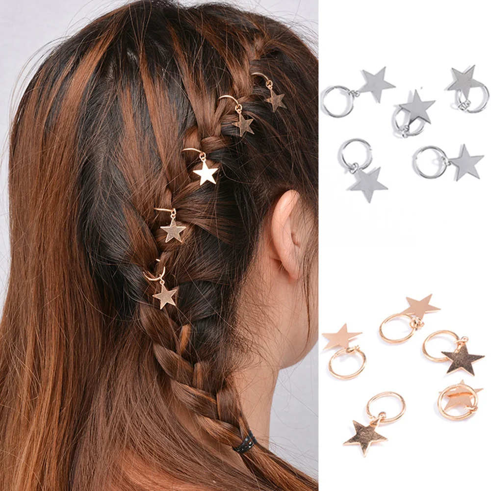 

5-10Pc Women's Hip-Hop Braid Hand Cross Shell Star Ring Hair Clips Geometric Metal Circle Hairpins Gold Silver Hair Accessories