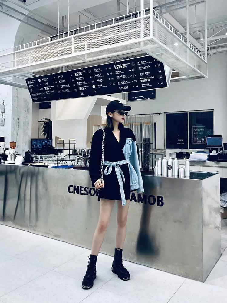 European station autumn new fight denim tie rope suit female loose long section casual coat net red temperament