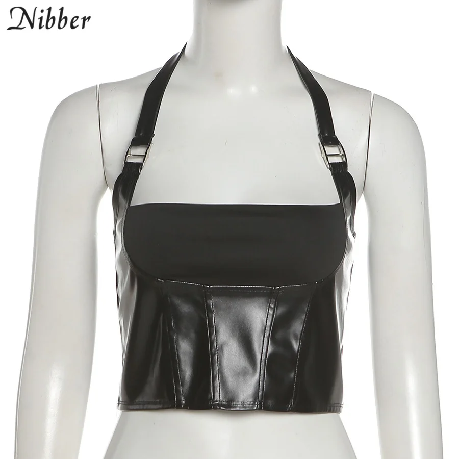 Nibber New Fashion Sexy Sling Top PU Leather Fabric Motorcycle Style Camisole For Women Street Out Clothes Party Night Clubwear