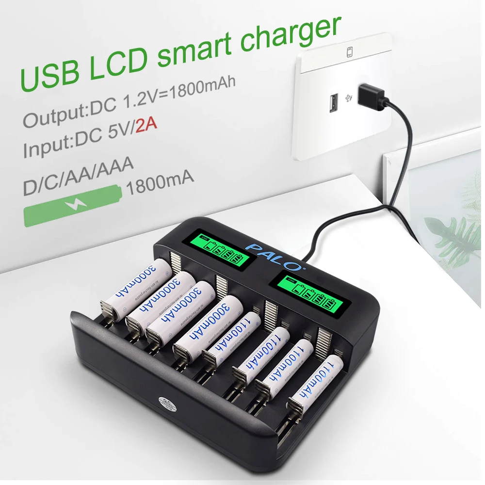 PALO LCD display Smart USB battery Charger for AA AAA C D Size Rechargeable Battery+1.2V Ni-MH AA AAA rechargeable batteries