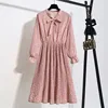 Women Elegant Casual Floral Print Autumn Winter Pleated Dress Vintage Bow Collar Long Sleeve Chiffon Shirt Dress 2022 Robe Femme ► Photo 3/6