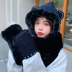 HT3953 Cute Women Winter Hat Scarf Set Thick Warm Knitted Hat with Scarf Ladies Riding Ski Earflap Cap Female Winter Accessories