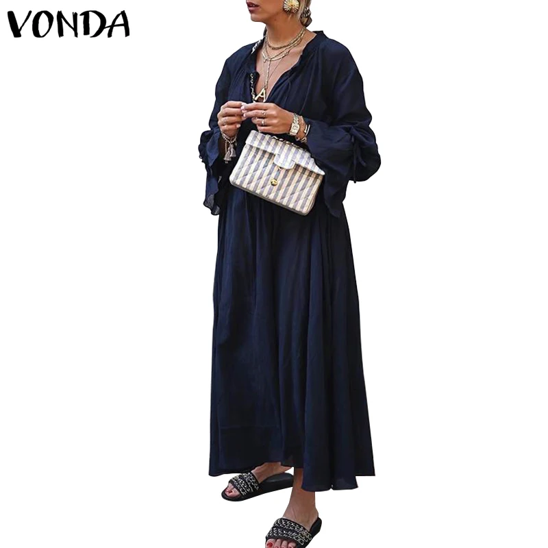 Тёмно-синий VONDA, женское платье с глубоким v-образным вырезом, для выпускного вечера, для вечеринки, с оборками, повседневное, с длинным рукавом, праздничное, макси платье, Vestidos, для беременных, сарафан, 5XL - Цвет: Тёмно-синий
