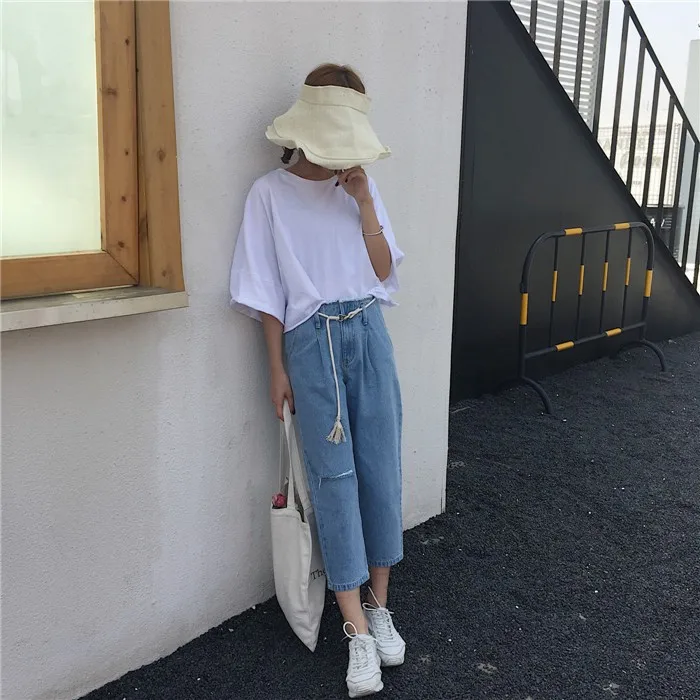 Женские джинсы Harajuku, корейский стиль, высокое качество, с дырками, свободные, повседневные, универсальные, женские, модные, до щиколотки, джинсовые, простые, повседневные