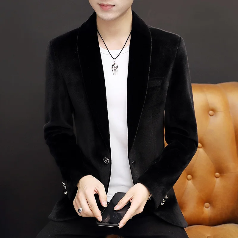 

Velvet Mens One Button Blazers Jacket Slim Fit Casual Male Coat Solid Lapel Size M-3XL T109