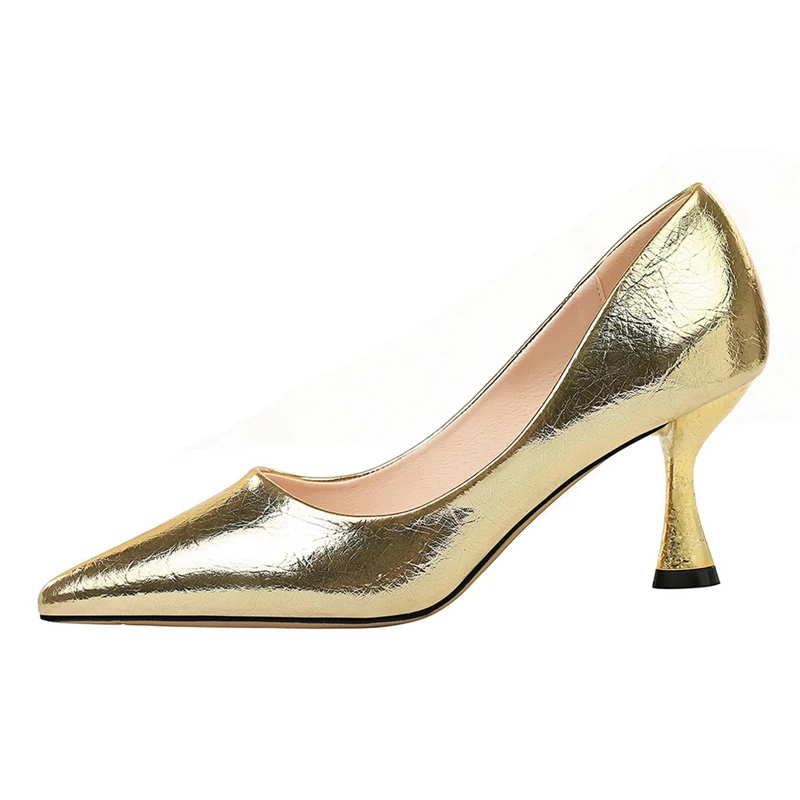 Роскошные весенние женские туфли-лодочки со светоотражающим каблуком 7 см; дизайнерские туфли на низком каблуке синего, золотого, серебряного цвета; голографические туфли размера плюс для свадебной вечеринки - Цвет: Золотой