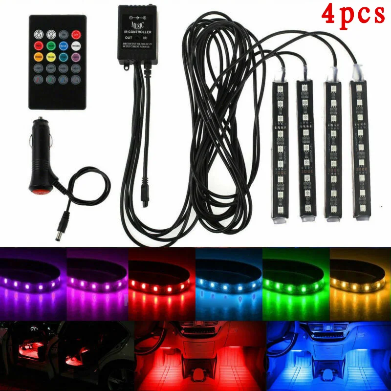 7 цветов RGB 5050 SMD светодиодный неоновый светильник для салона автомобиля, музыкальный пульт дистанционного управления для освещения салона автомобиля, светодиодный светильник