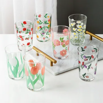 

7 Flower Patterns 450Ml Korean Tulip Daisy Wine Glass Juice Cup Printing Rose Cosmos Flower Creative Tumbler Drinking Set Gift